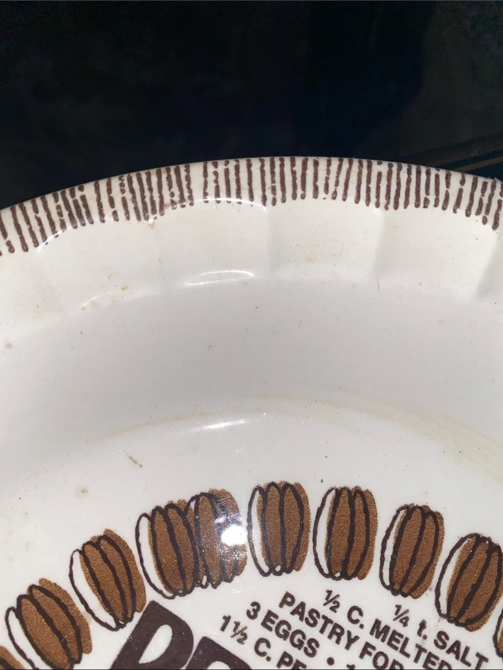Vintage Pecan Pie Ceramic Pie Plate - White with Brown Graphics